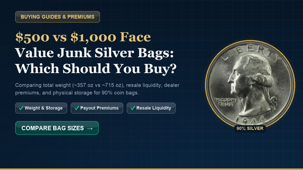 Washington quarter representing 90% silver junk silver bags, comparing $500 and $1,000 face value bag sizes