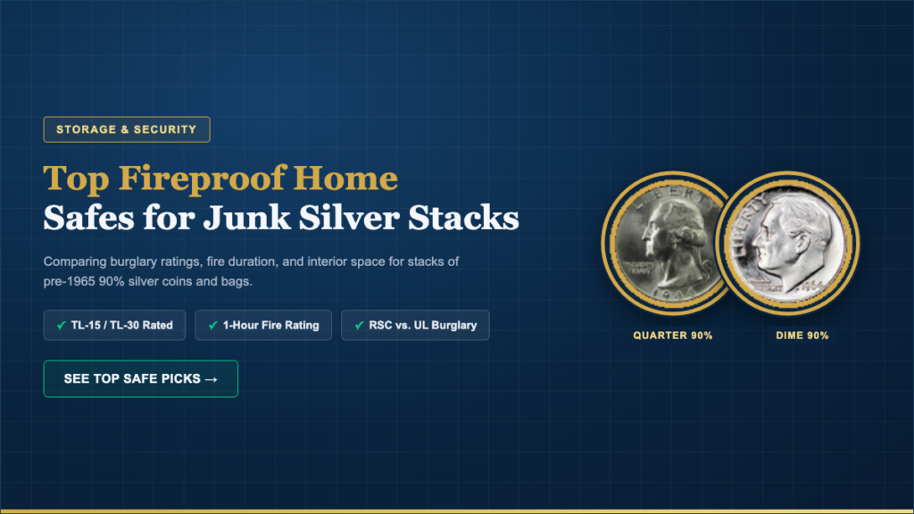 Fireproof home safe with quarter and dime junk silver coins, TL-15 and TL-30 burglary rated for storing pre-1965 silver