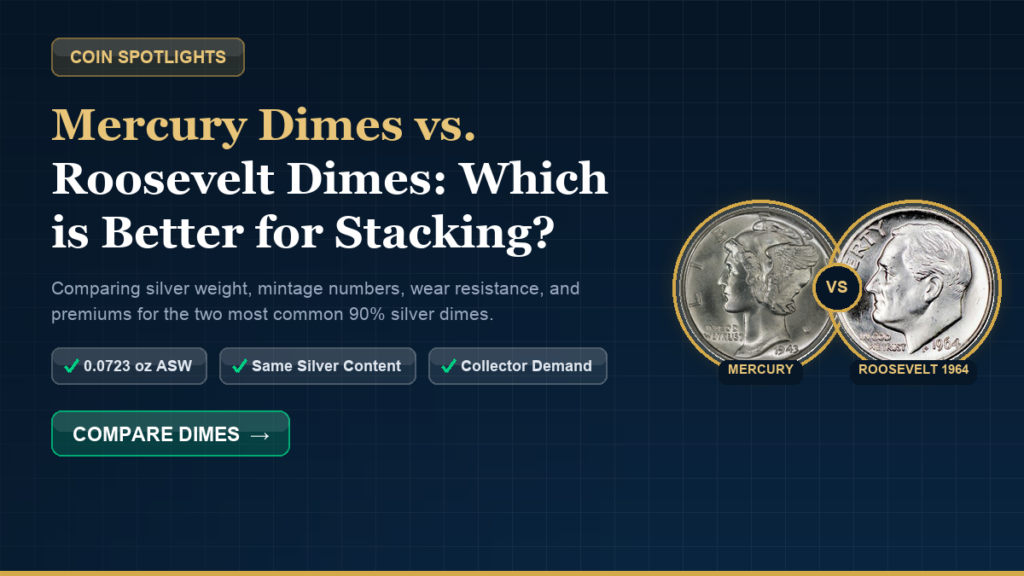 Mercury dime and Roosevelt dime side by side, both 90% silver pre-1965 coins compared for junk silver stacking