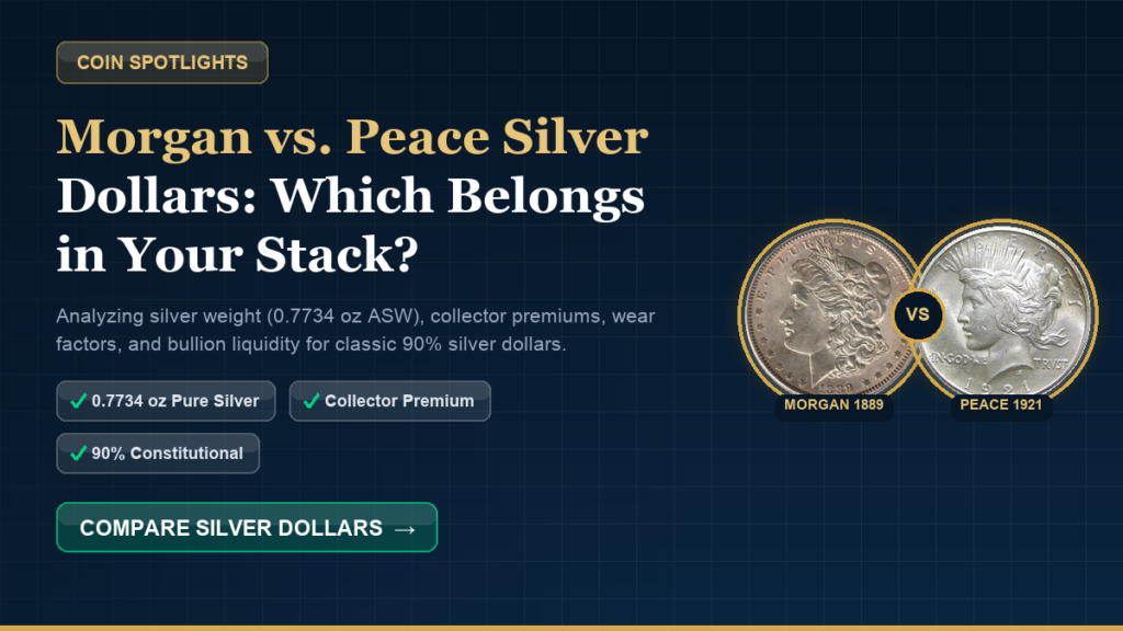 Morgan silver dollar and Peace silver dollar coins compared side by side, both 90% silver